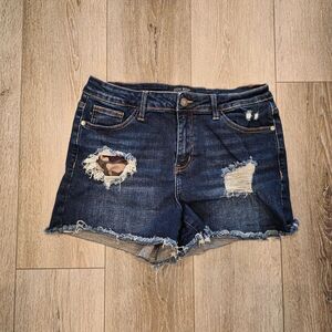 Judy Blue Womens L Camo Patch Dark Wash High Waist Distressed Denim Jeans Shorts